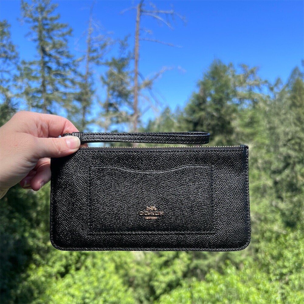 COACH Black Zip Top Leather Wallet Cardholder Wristlet Gold Hardware AUTHENTIC